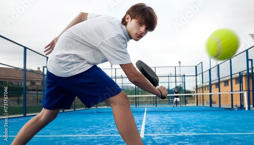 Teenage Boy Playing Padel Tennis Match