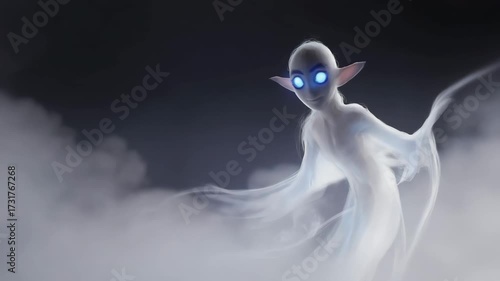 A mysterious shadow spirit cloaked in mist, glowing eyes peeking through darkness, animation style 