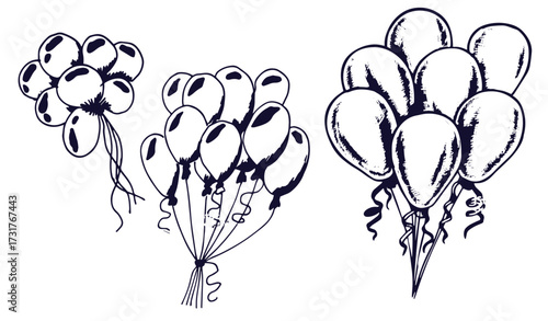 Balloon outline elements clipart set. Inflatable floating balloons with printed pattern drawing icon clip art collection