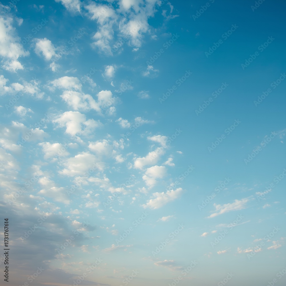 Obraz premium Expansive Sky with Gradient Blues and Sunlit Clouds – Tranquil Atmospheric Background
