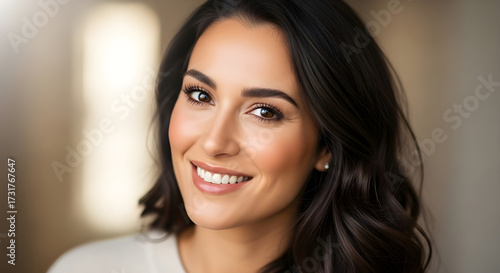 Closeup portrait of a smiling young brunette woman with natural beauty