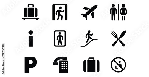 Black airport and public space icons set featuring universal symbols for baggage, security, restroom, dining, parking, and travel signage