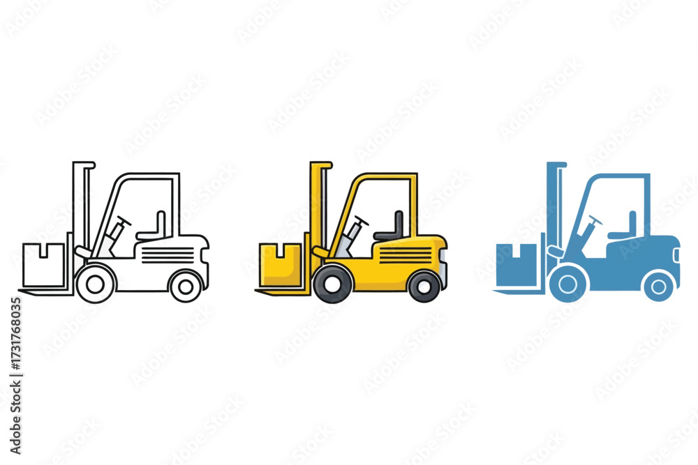 Fototapeta premium Forklift Icon Set – Three Stylized Illustrations in Black Outline, Yellow Industrial, and Blue Solid Variants – Minimal Vector Design for Construction, Warehouse, or Equipment Graphics