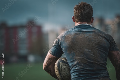 Rugby player, dirty, focused, outdoors