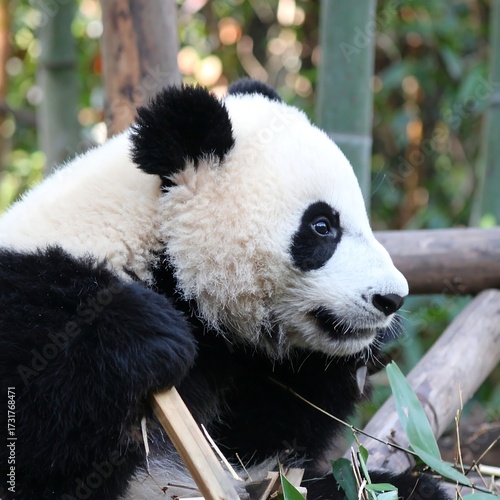 Close-up of a panda cub eating bamboo