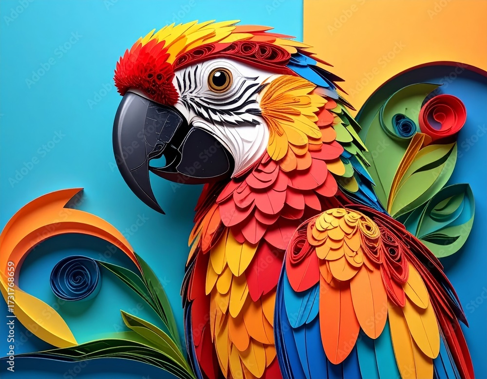 Fototapeta premium A vibrant and intricate portrait of a macaw parrot, created in the style of papercraft and quilling. The colorful, layered paper forms a beautiful piece of art.