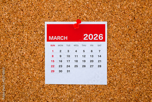 March 2026 Calendar Page on Cork Board with Red Pin