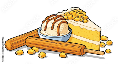 Delicious sweet corn cake dessert with vanilla ice cream and churros illustration