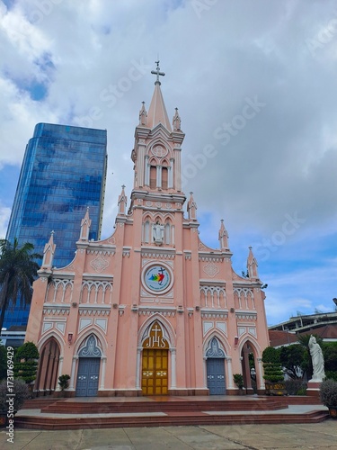 Wallpaper Mural Striking Pink Da Nang Cathedral, Gothic Architecture and Modern Cityscape Torontodigital.ca