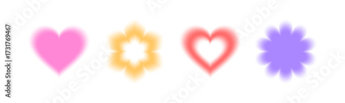 Y2K aura blur shapes with soft gradient edges - pink heart, yellow flower, red love symbol and purple blossom. Dreamy aesthetic elements for retro design, nostalgic graphics or modern digital art.