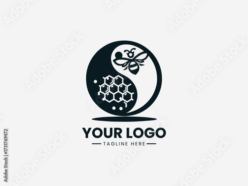 Harmonious honey comb bee yin yang vector logo with balanced natural elements for wellness brand
