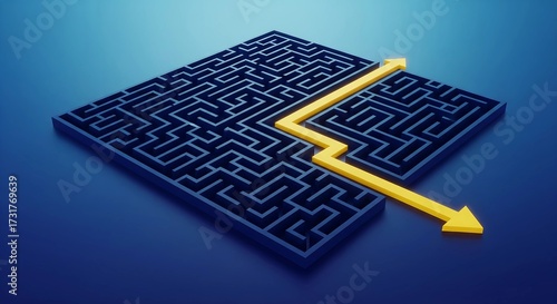 Straight Path Through Complexity – Yellow Arrow Cutting 3D Maze in Blue Gradient