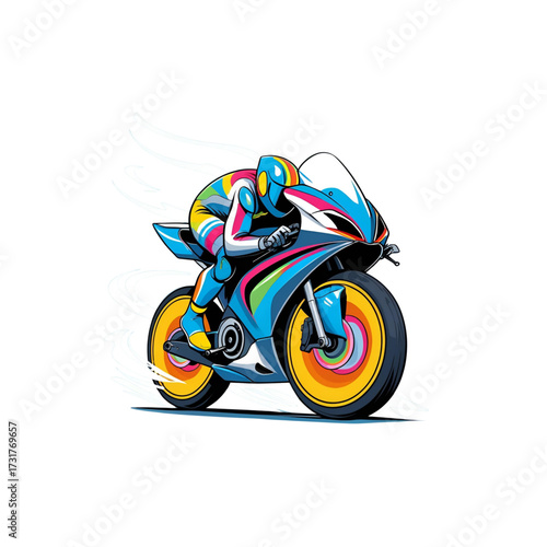 Dynamic illustration of a professional motorcyclist speeding on a sleek sportbike, capturing the adrenaline and excitement of high-speed racing and thrilling performance