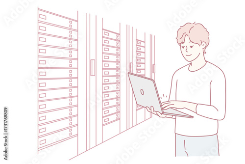 Male engineer with laptop standing near server room with computers. Man IT specialist working in data center near server racks. Vector illustration.