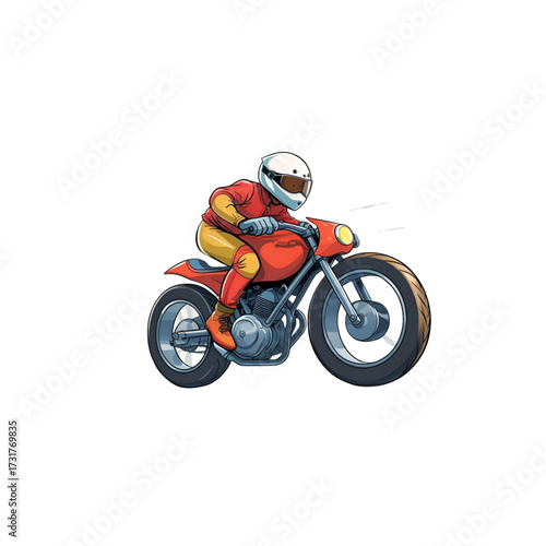 Stylized Illustration of a Motorcyclist on a Red Cafe Racer Style Motorcycle
