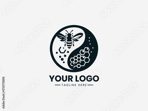 Harmonious honey comb bee yin yang vector logo with balanced natural elements for wellness brand