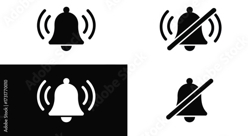 notification and alert icon set with active and muted bell symbols in black and white — minimal vector for UI, app settings, and alerts