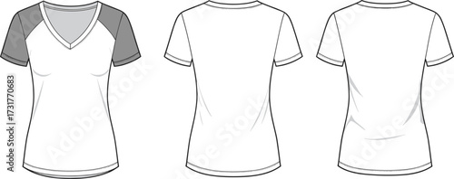Women’s V-neck short sleeve shirt design, fashion flat sketch, apparel technical drawing, front back side view, clothing template, casual wear illustration, garment vector mockup