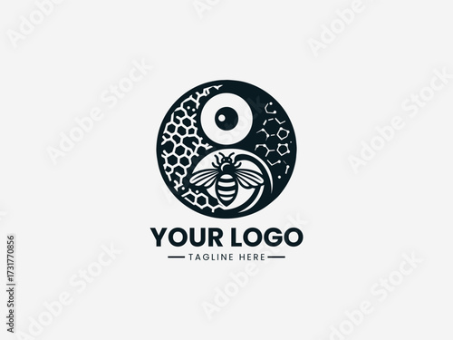 Harmonious honey comb bee yin yang vector logo with balanced natural elements for wellness brand