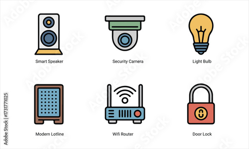 Six colorful icons representing smart home devices and technology smart speaker security camera