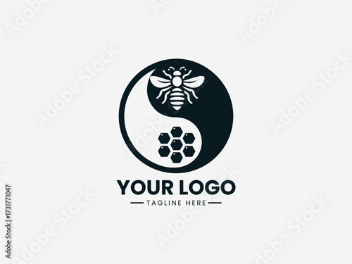 Harmonious honey comb bee yin yang vector logo with balanced natural elements for wellness brand