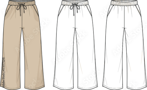 Relaxed fit cropped pants fashion technical sketch, garment flat drawing with drawstring waist, pocket detail, stitching lines, capri length trousers, apparel design illustration template