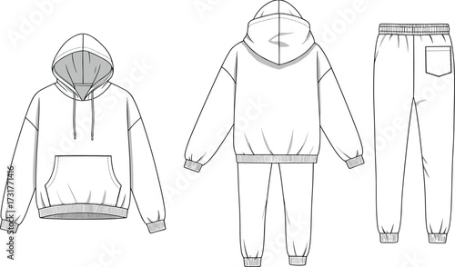 Hoodie and sweatpants technical drawing, fashion flat sketch, casual wear design template, garment blueprint, apparel vector illustration, clothing pattern outline