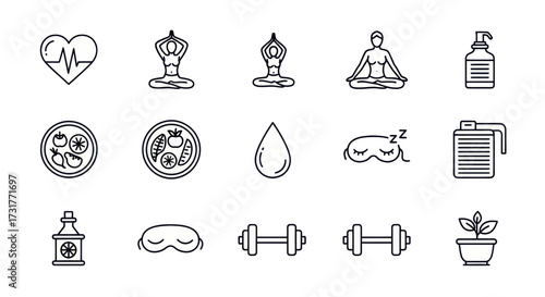Collection of wellness icons: heart, yoga poses, food, water, sleep mask, weights, plant.