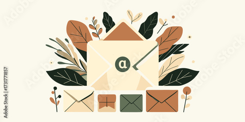 Digital Communication Concept with Envelopes and Leaves, Illustrating Messaging and Correspondence
