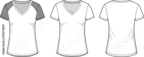 Women’s V neck short sleeve shirt design, raglan sleeve fashion illustration, apparel technical drawing, front and back view clothing template, casual wear garment mockup