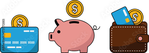 Financial Management Illustration with Credit Card Piggy Bank and Wallet