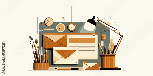 Conceptual Workspace Illustration of a Desktop with Mail, Stationery, and Clock