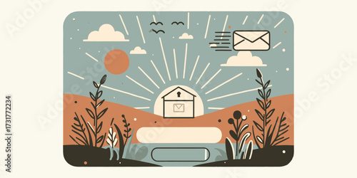 Sunrise over a serene landscape with a house and a mailbox, evoking feelings of home and new beginnings