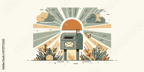 Warm sunbeams illuminate a classic mailbox, symbolizing the arrival of new messages and the joy of communication amidst a vibrant, stylized nature scene