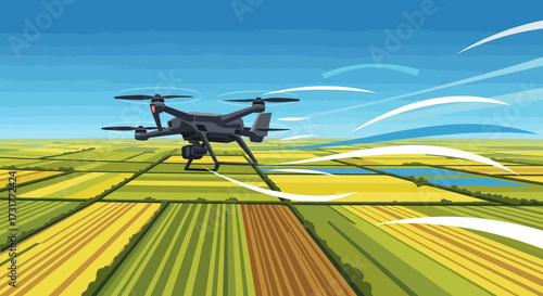 Modern Drone Flying Over Agricultural Fields for Precision Farming.