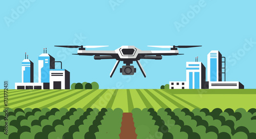 Modern drone flying over agricultural fields with city buildings in background.