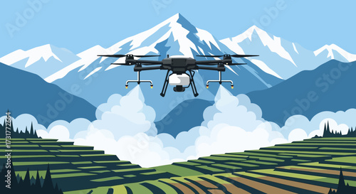 Modern drone spraying crops in a field with mountains in the background.