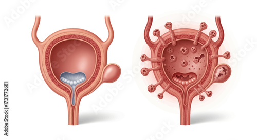 Detailed bladder cancer illustration showing healthy vs diseased organ, providing a visual aid for medical professionals and educational materials