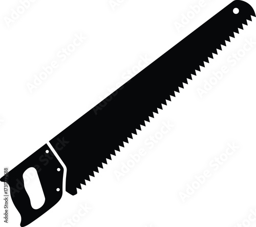 Black silhouette of a long-handled hand saw with a serrated blade and wooden handle tool carpentry