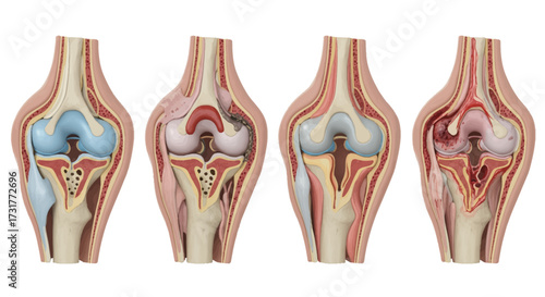 Detailed knee joint anatomy showing healthy cartilage and progressive arthritis stages for medical education and healthcare visualizations, knee health stages
