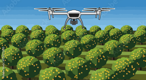 Modern drone flying over lush green orchard for agricultural monitoring.