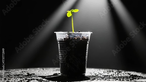 Green sprout emerging from soil in plastic cup under dramatic light