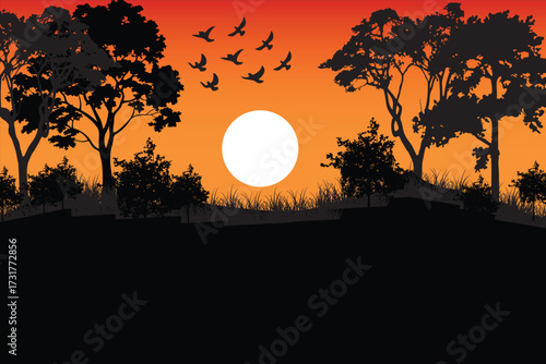 African Landscape Silhouette With Trees Birds and Setting Sun vector illustration