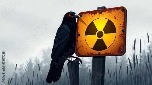 Black crow with red eyes sitting on wooden post near radioactive hazard sign