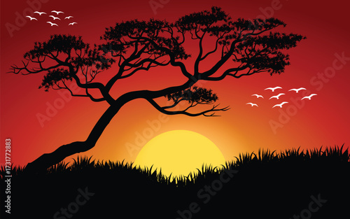 African Savanna Sunset Silhouette With Acacia Tree and Birds vector illustration