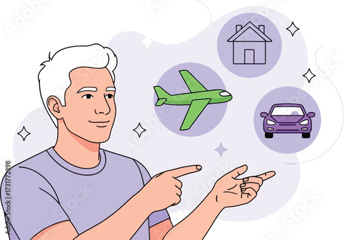 Man pointing at house, car, and airplane icons isolated on white background