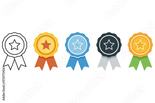 Award Ribbon Icon Set – Five Stylized Medals with Star Centers and Ribbon Tails in Outline, Gold-Red, Blue, Gray-Silver, and Green Variants – Minimal Vector for Recognition or Ranking Themes