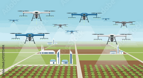 Multiple Drones Flying Over Agricultural Fields for Precision Farming.