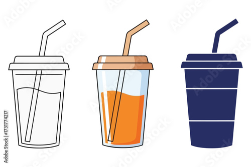 Drink Cup Icon Set – Stylized Illustrations of Three Cups with Straws in Transparent and Opaque Styles Featuring Water, Juice, and Unspecified Contents – Minimal Vector for Beverage or Branding Themes