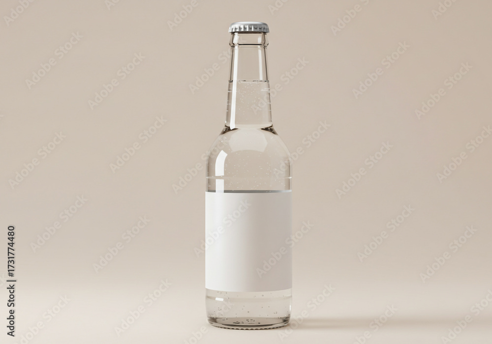 Fototapeta premium Clean glass bottle with clear liquid and blank label ready for branding, perfect for beverage mockups and product design.
